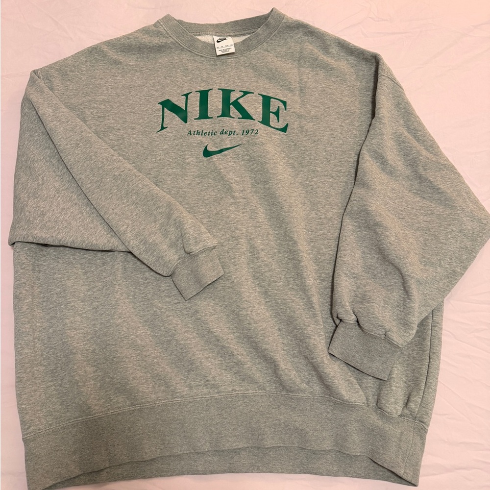 Nike Heather Gray Oversized Crewneck with Green Logo